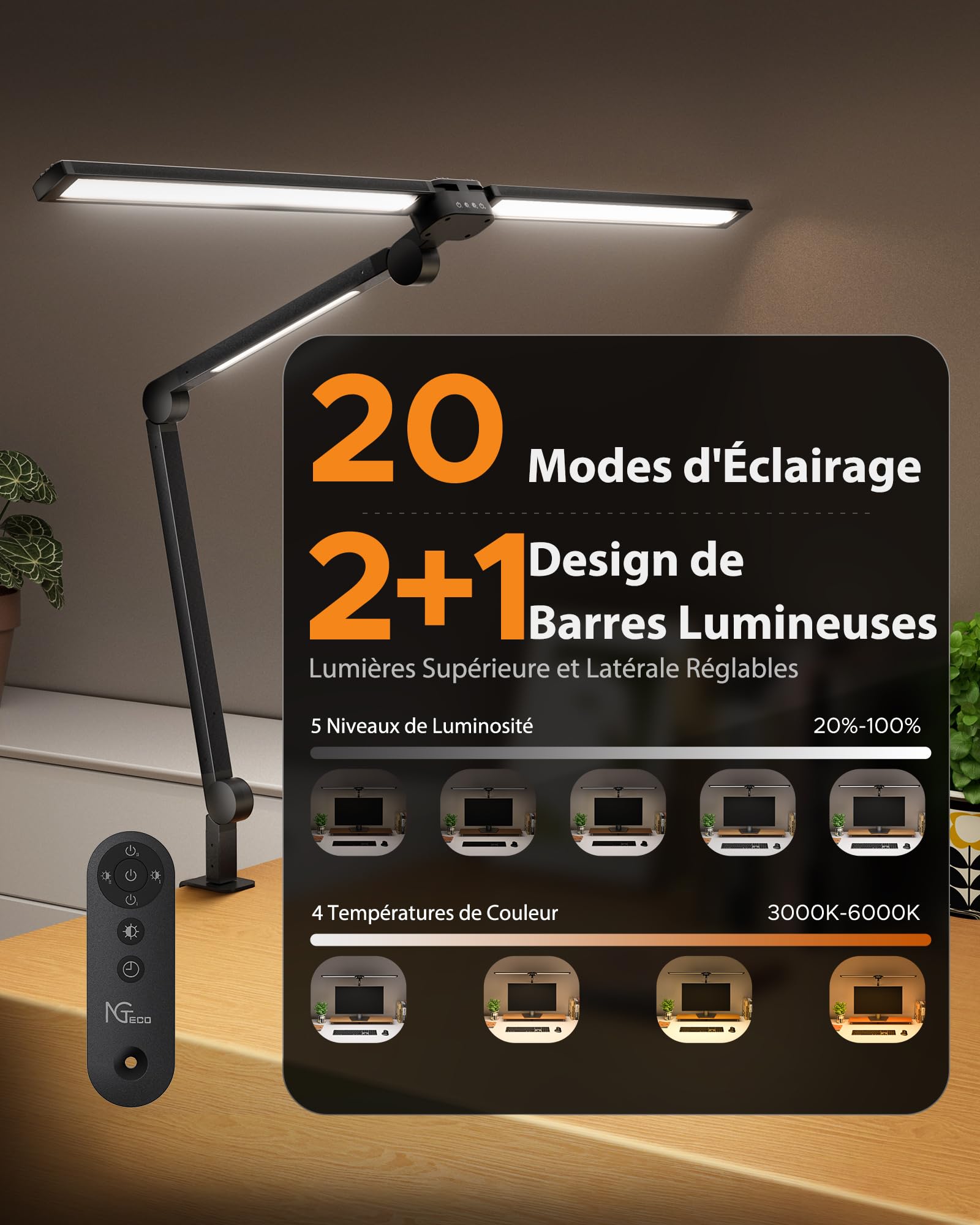 NGTeco Lampe de bureau LED 39,3" avec 3 barres lumineuses, bras articulé réglable, 24W 1500LM ultra-lumineuse, télécommande, idéale pour bureau, travail et étude