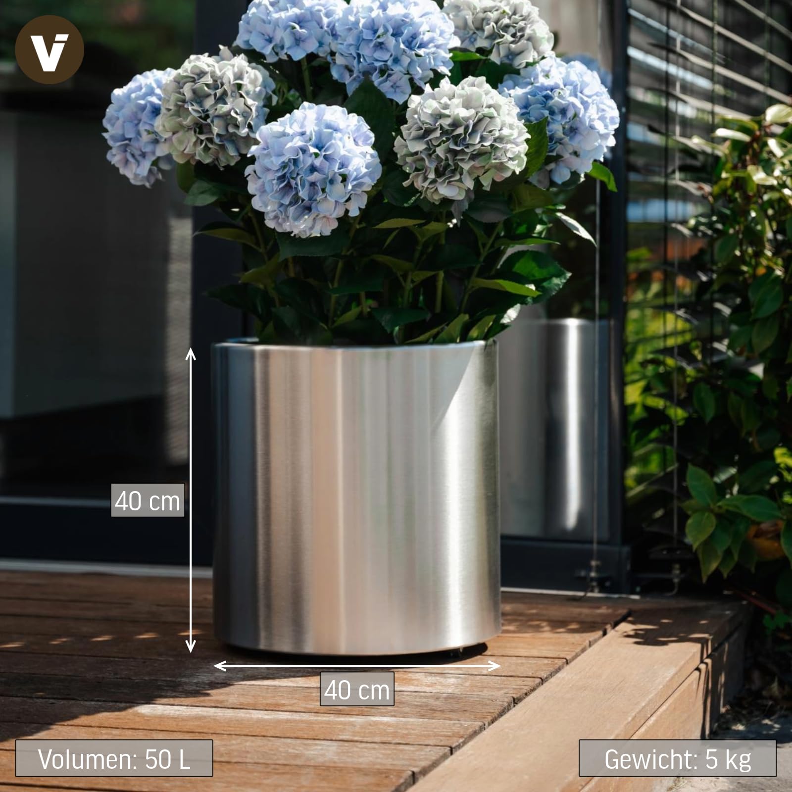 VIVANNO Pflanzkübel Edelstahl New Rondo - Wetterfest & Rostfrei mit Rollen | Mobiler Blumenkübel Ø40x40 cm, wetterbeständig, für außen & draußen, rostresistent, edles Design, korrosionsbeständig.
