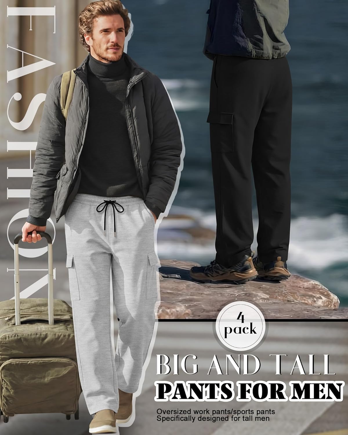 4 Pack Men's Big and Tall Lightweight Cargo Sweatpants Baggy Wide Leg Pants Open Bottom Joggers with Pockets - Image 5