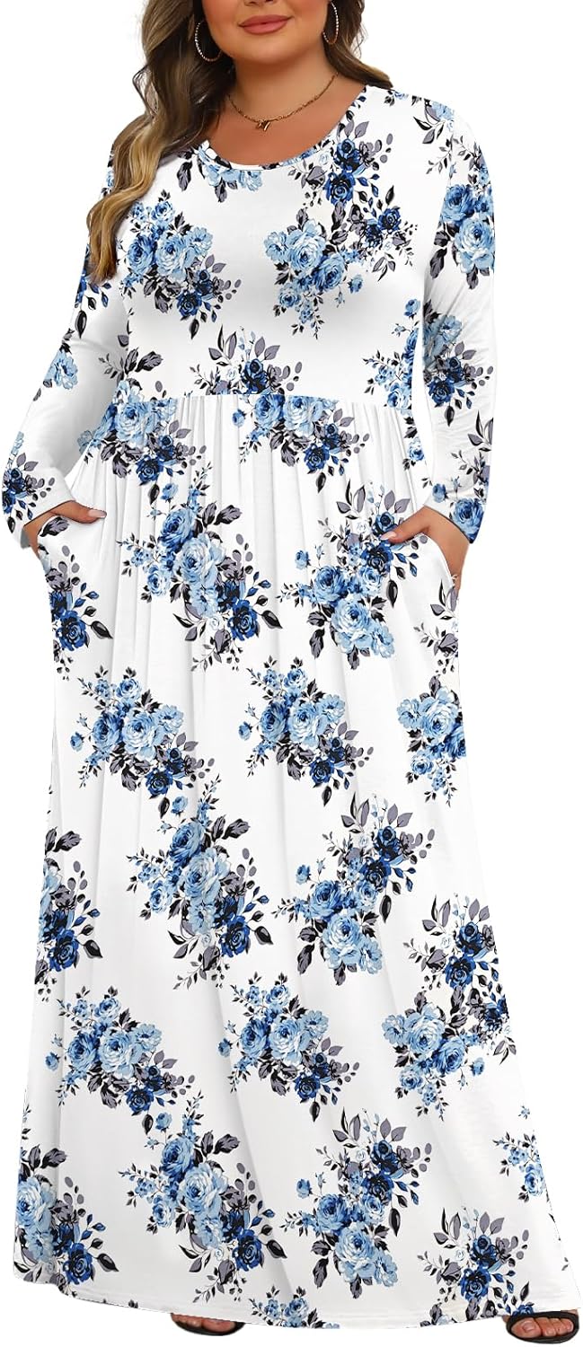 Tencede Womens Plus Size Maxi Dresses Long Sleeve with Pockets Casual Long Dress 1X-5X