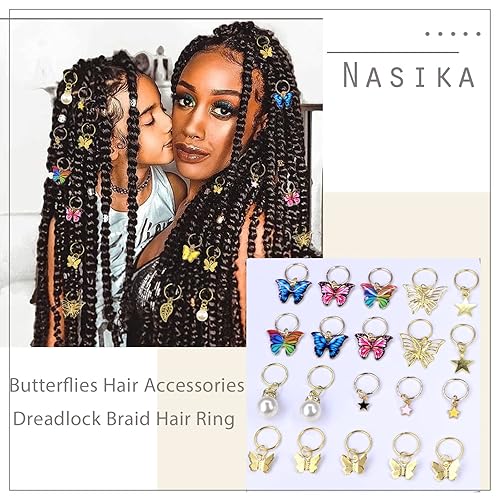Miniatura 5 de NAISKA 20 accesorios para el cabello de rastas de cristal de mariposa dorada, colgantes de mariposa coloridos, cuentas trenzadas de estrellas