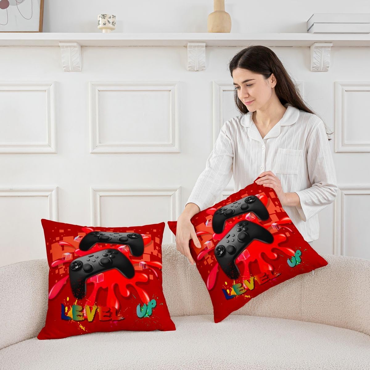 Castle Fairy Gamer Throw Pillow Covers 18x18 Inch Set of 4 Game Consoles Gaming Pillow Cases for Teens Adults Men Video Game Contoller Cushion Covers for Couch Car Red Black image 2