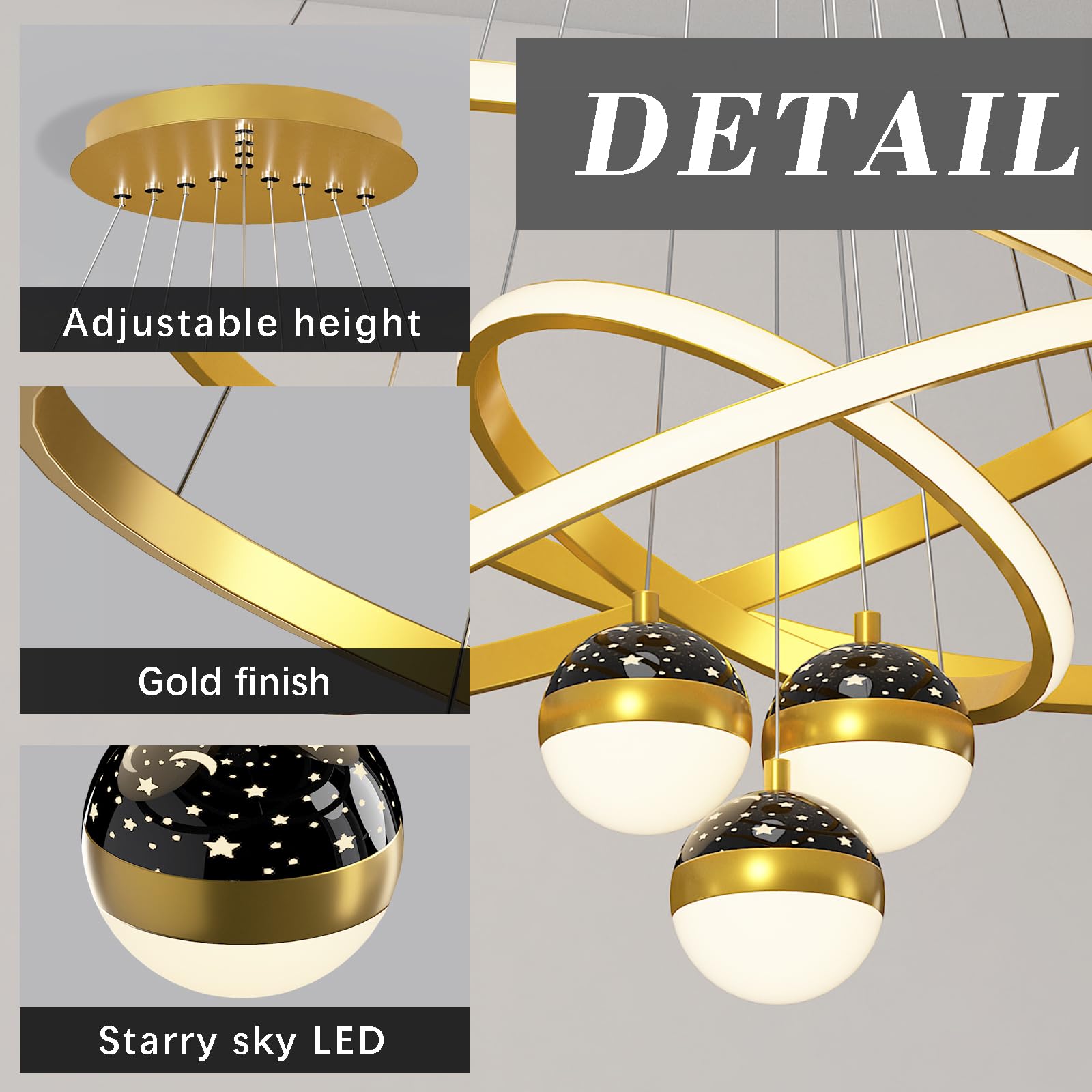 Żyrandole LED, lampa sufitowa, 3 złote lampy na wyspie kuchennej z pilotem zdalnego sterowania, lampa wisząca, 30 + 40 + 60 cm, nowoczesne lampy sufitowe z możliwością przyciemniania pamięci