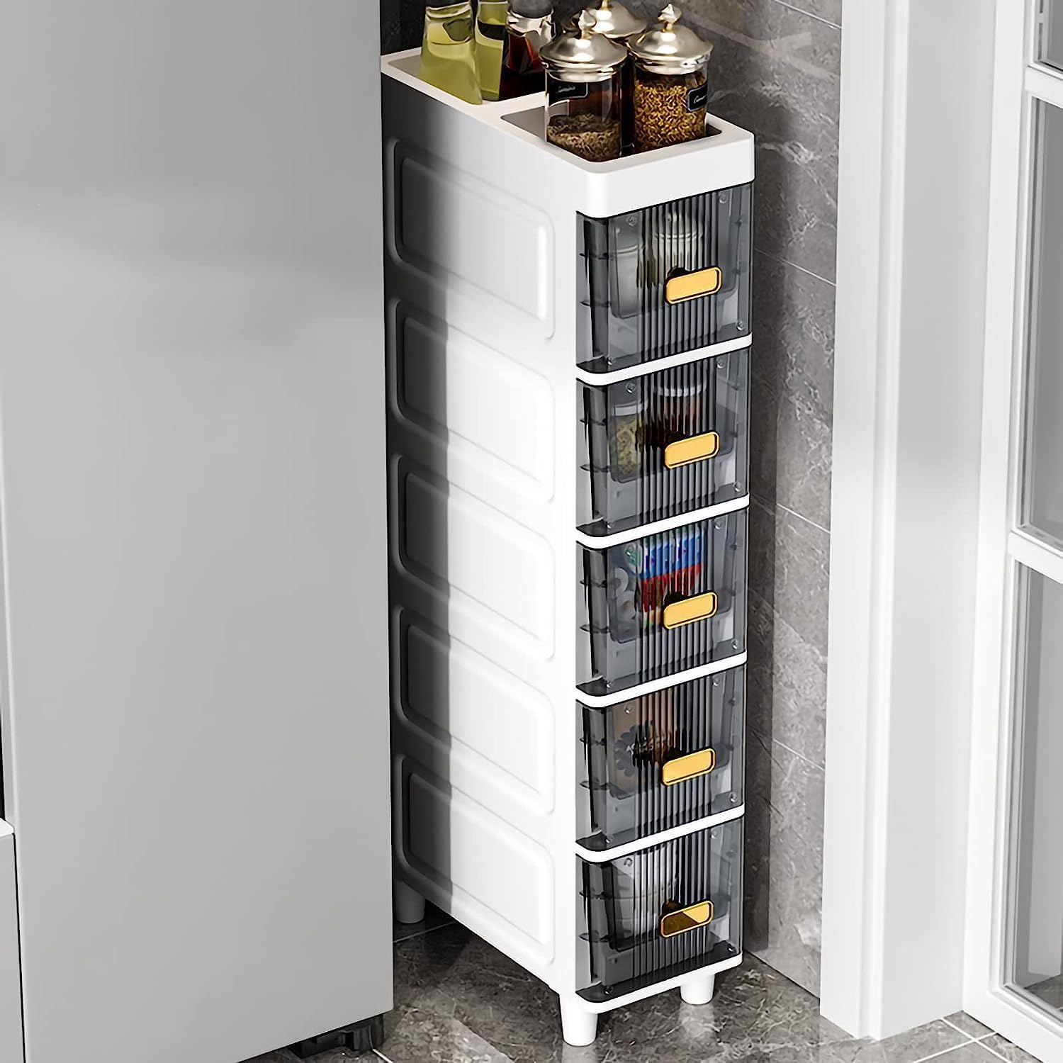 Narrow Bathroom Corner Floor Cabinet, Slim Toilet Paper Storage Cabinet with Clear Drawers and Casters, Bathroom Floor Cabinet Storage Cart for Bathroom, Laundry Room, Kitchen, 3 Tier, Grey