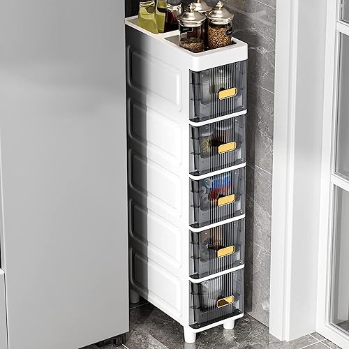 Miniatura 8 de Armario de almacenamiento pequeño de 3456 niveles para baño, organizador estrecho y delgado con ruedas, gabinete de piso de baño de gran capacidad,