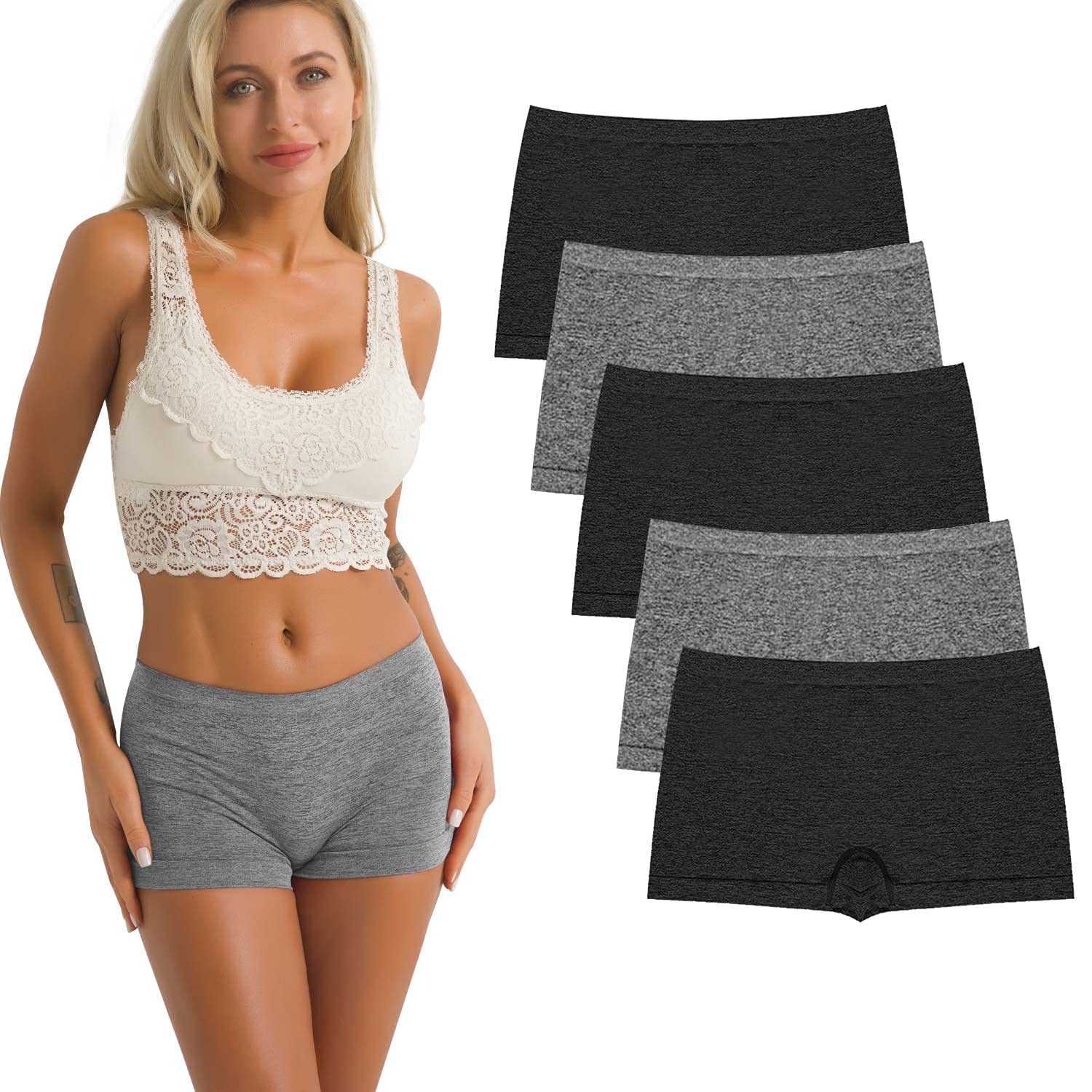 R RUXIA Womens Boyshort Panties Seamless Nylon Underwear Stretch Boxer Briefs 5 Pack