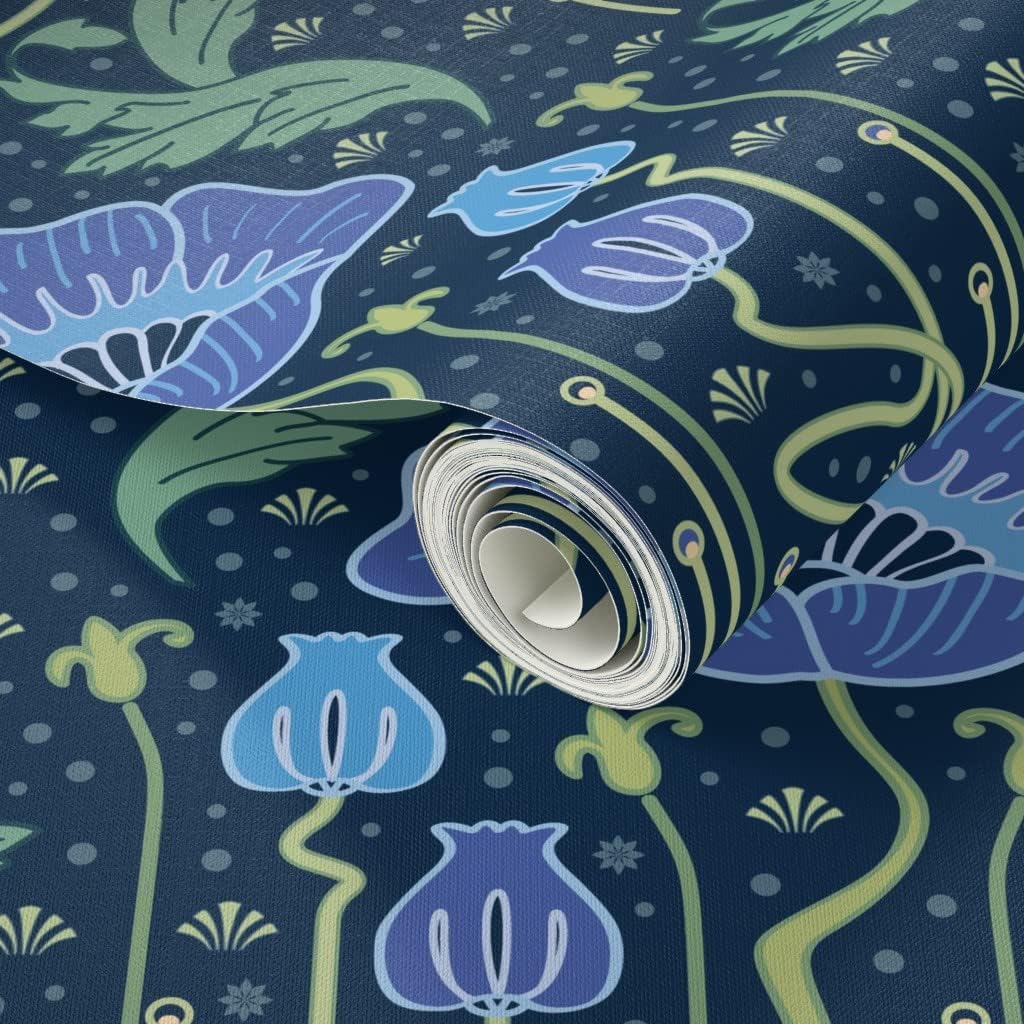 Spoonflower Peel & Stick Wallpaper 3ft x 2ft - Whimsical Art Nouveau Poppy Blue Damask Custom Removable Wallpaper