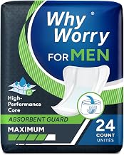 WhyWorry Incontinence Pads for Men with Maximum Absorbency, 24 Count | High Absorption Pads for Men, for Medium Bladder Weakness, Odour Control, Discreet Fit, Leak Protection, Individually Wrapped