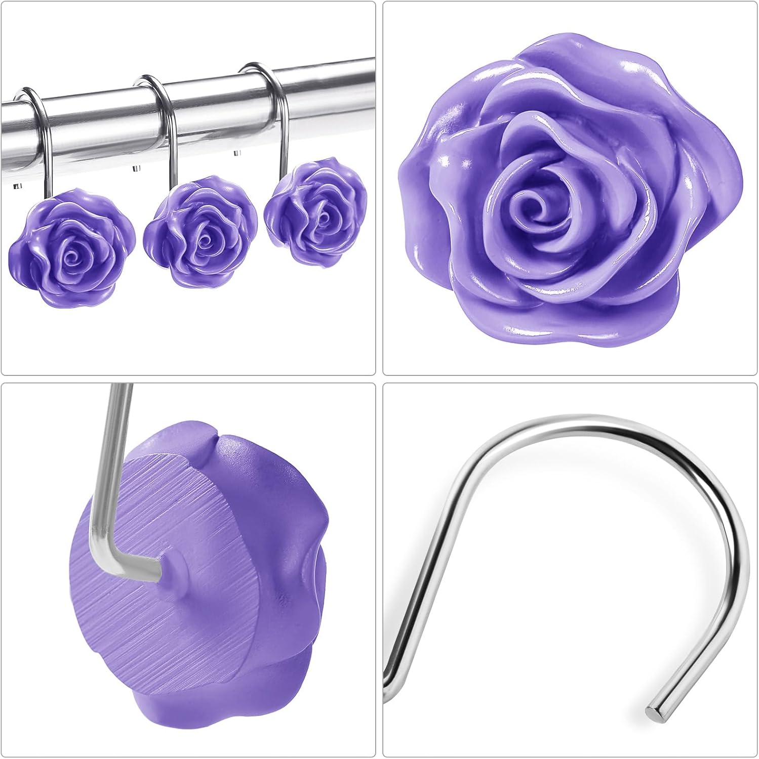 Rose Shower Curtain Hooks Set of 12, Bathroom Curtain Set 72" W x 72" L