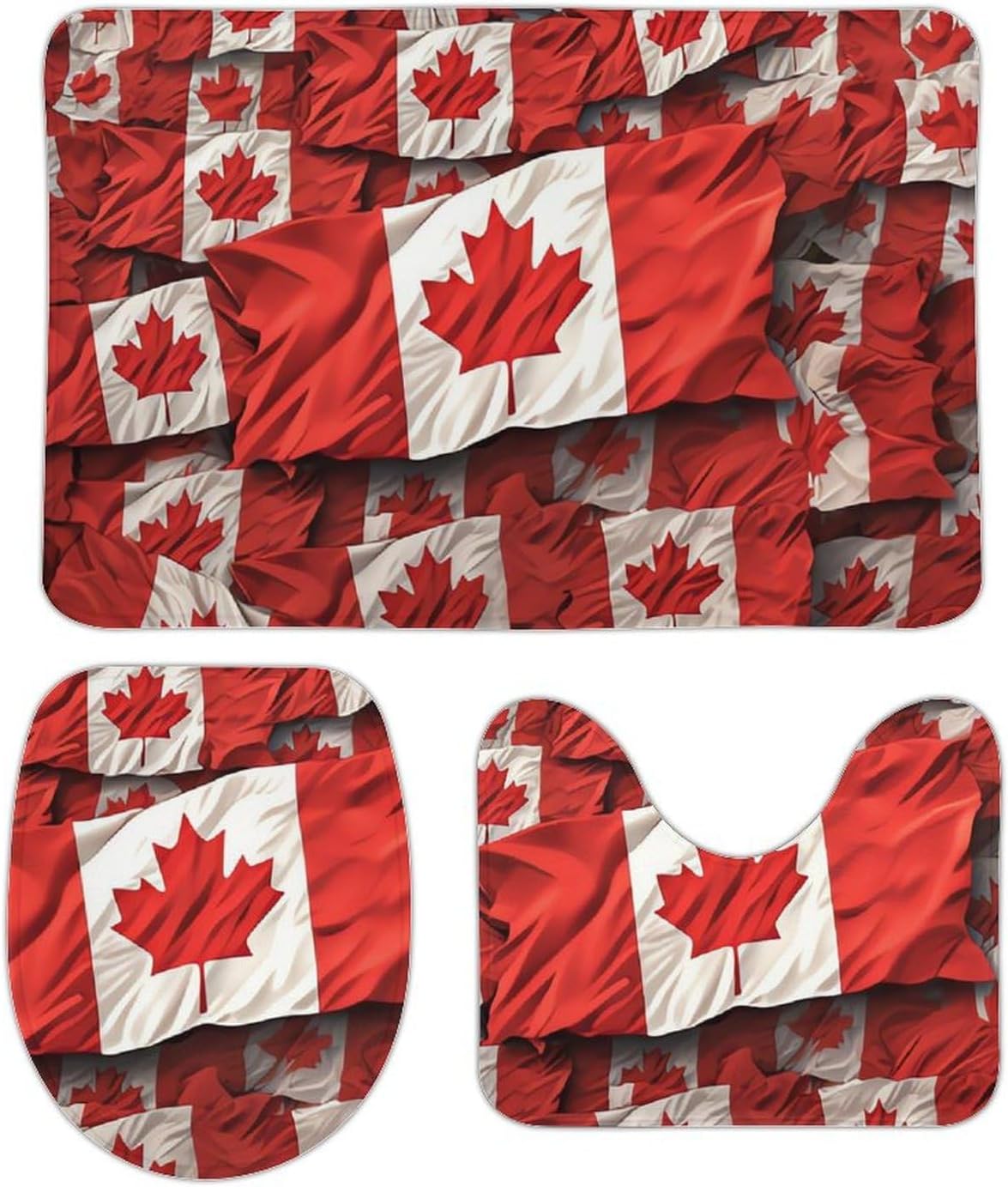 Anti-Skid Floor Mats 3 Piece Set,Canadian Flag Printed Coral Fleece Bathroom Mats U-Shaped Contour Mat Toilet Seat Cover for Bathroom, Tub, Shower, Kitchen 19.7"x31.5"