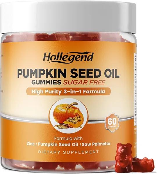 Pumpkin Seed Oil Gummies with Saw Palmetto, Pumpkin Seed Oil Extract for Hair Growth & Prostate Health, Cold-Pressed Supplements for Women Men, Vegan, Sugar Free, Lemon, 60 Chewable