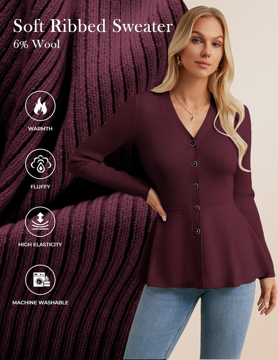 GRACE KARIN Long Sleeve Cardigan Sweaters for Women, Button Up Knit Blazer, Lightweight Business Casual Peplum Tops - Image 3