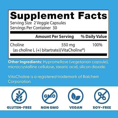 Miniatura 3 de Doctor's Best L-bitartrato de colina (VitaCholine), apoya la salud prenatal y la función hepática, sin OMG, sin gluten, sin soja, veganas, 60