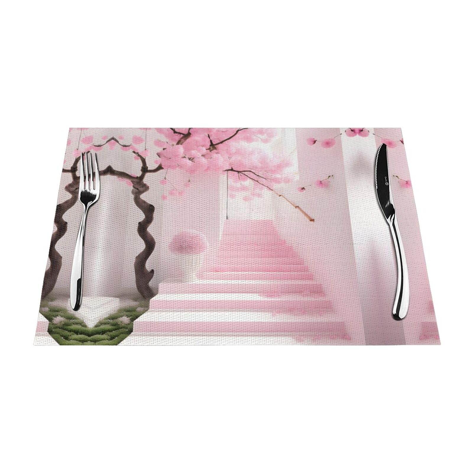 Pink Cherry Blossom Staircase 4 Pcs Patterned Woven Placemats are Non-Slip and Heat-Resistant and Complement Any Table