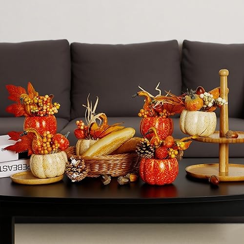 Miniatura 5 de winemana Decoraciones de otoño para el hogar, juego de 6 centros de mesa artificiales de calabaza, bayas y piñas para oficina, Acción de Gracias,