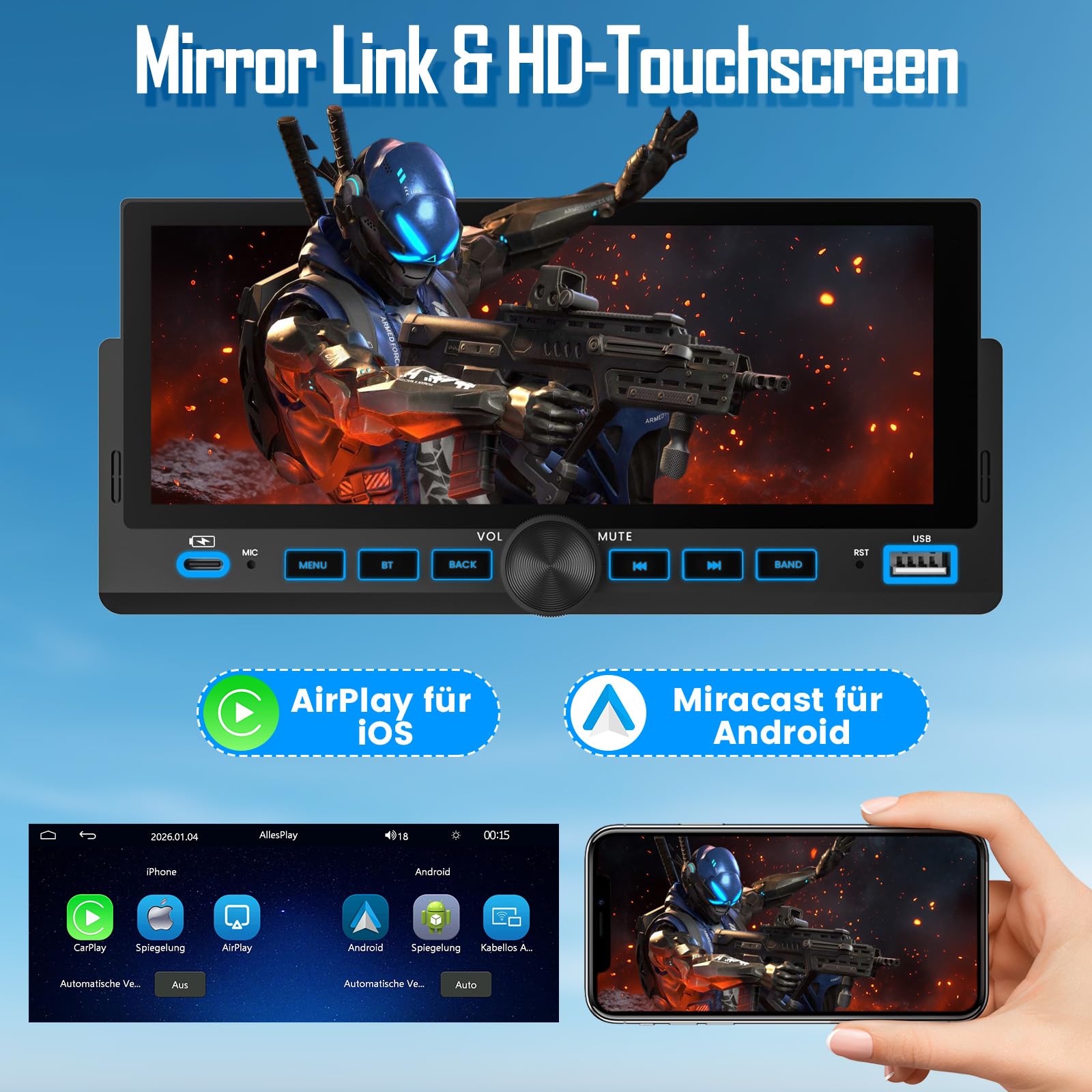 Autoradio 1 DIN mit Wireless CarPlay & Android Auto, Bluetooth Freisprecheinrichtung, FM Radio, Bildschirm, Lenkradsteuerung, MirrorLink, Aux-Eingang, Equalizer (6,86 Zoll mit Rückfahrkamera)