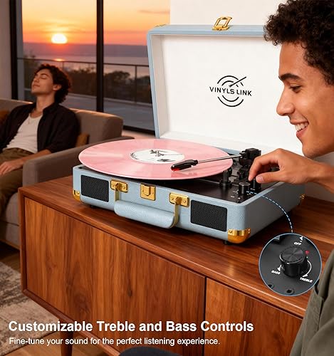 Miniatura 8 de VINYLSLINK - Tocadiscos de vinilo Bluetooth, tocadiscos portátil de 3 velocidades con control de agudos y graves, altavoces estéreo integrados,