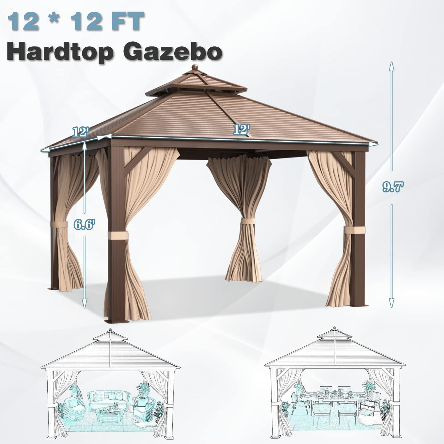 Diagram showing the 12x12 FT dimensions of the gazebo, with height and side measurements.