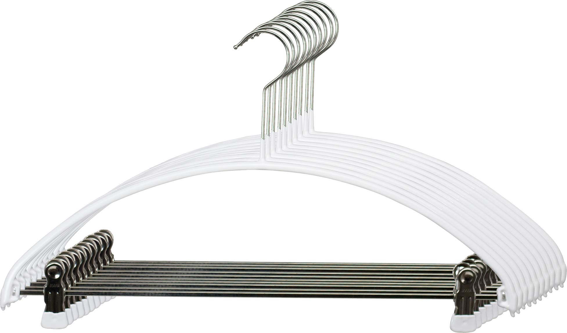MAWA Cintres avec Pinces, Lot de 10, en Métal, peu Encombrant, pour Pantalons et Jupes, Clips avec Revêtement Antidérapant, Crochets Rotatifs à 360°, 30 cm, Argenté