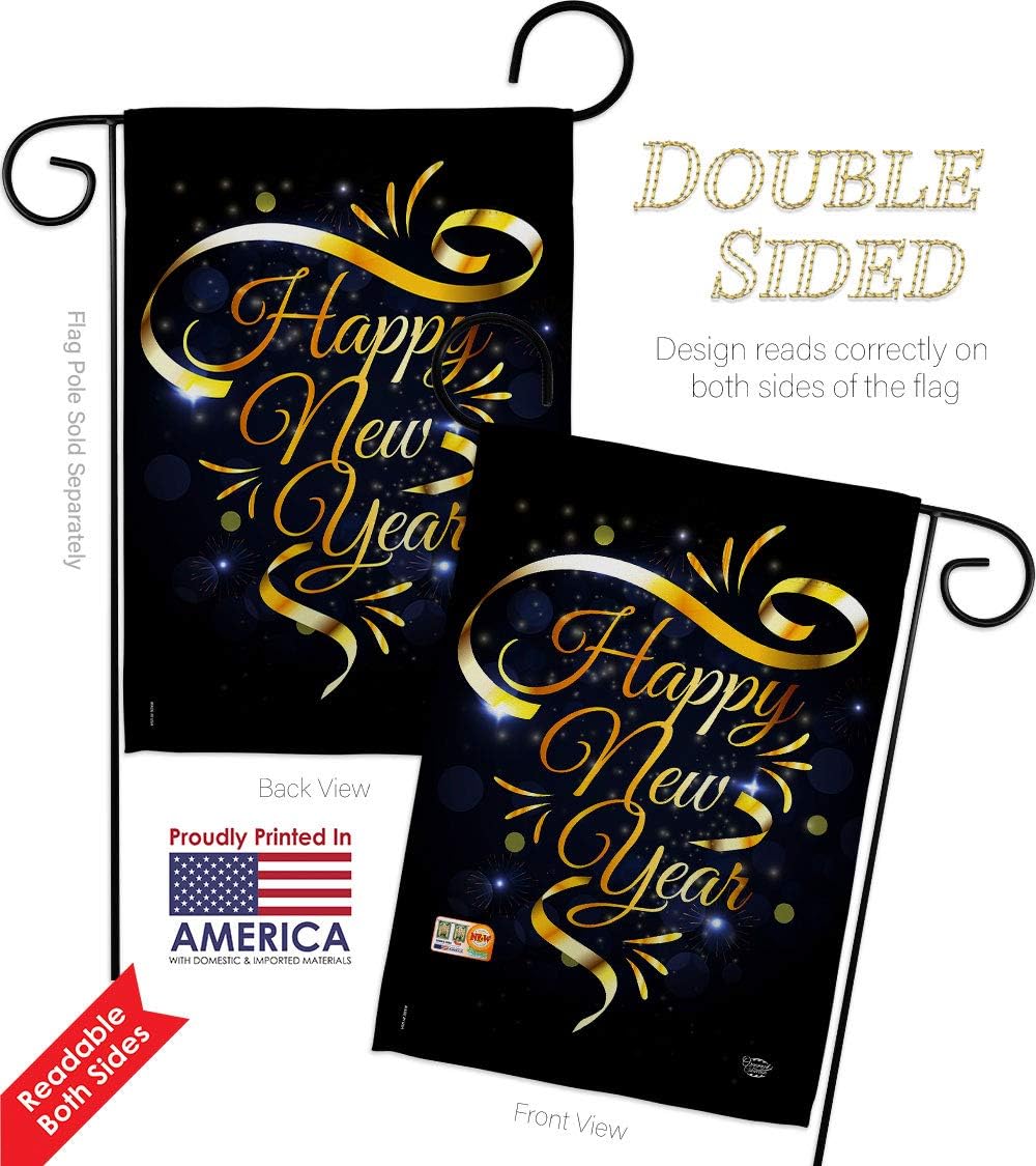 Gold Happy New Year Garden Flag Set Wall Holder Clock Countdown Champagne Party Fireworks Celebrate Small Decorative Gift Yard House Banner Double-Sided Made In USA 13 X 18.5