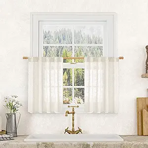 LAMIT Cream Linen Curtains 24 Inch Length, Semi Sheer Light Filtering Window Panels Back Tab and Rod Pocket Drapes for Kitchen/Small Windows, 25 x 24 Inch, 2 Panels