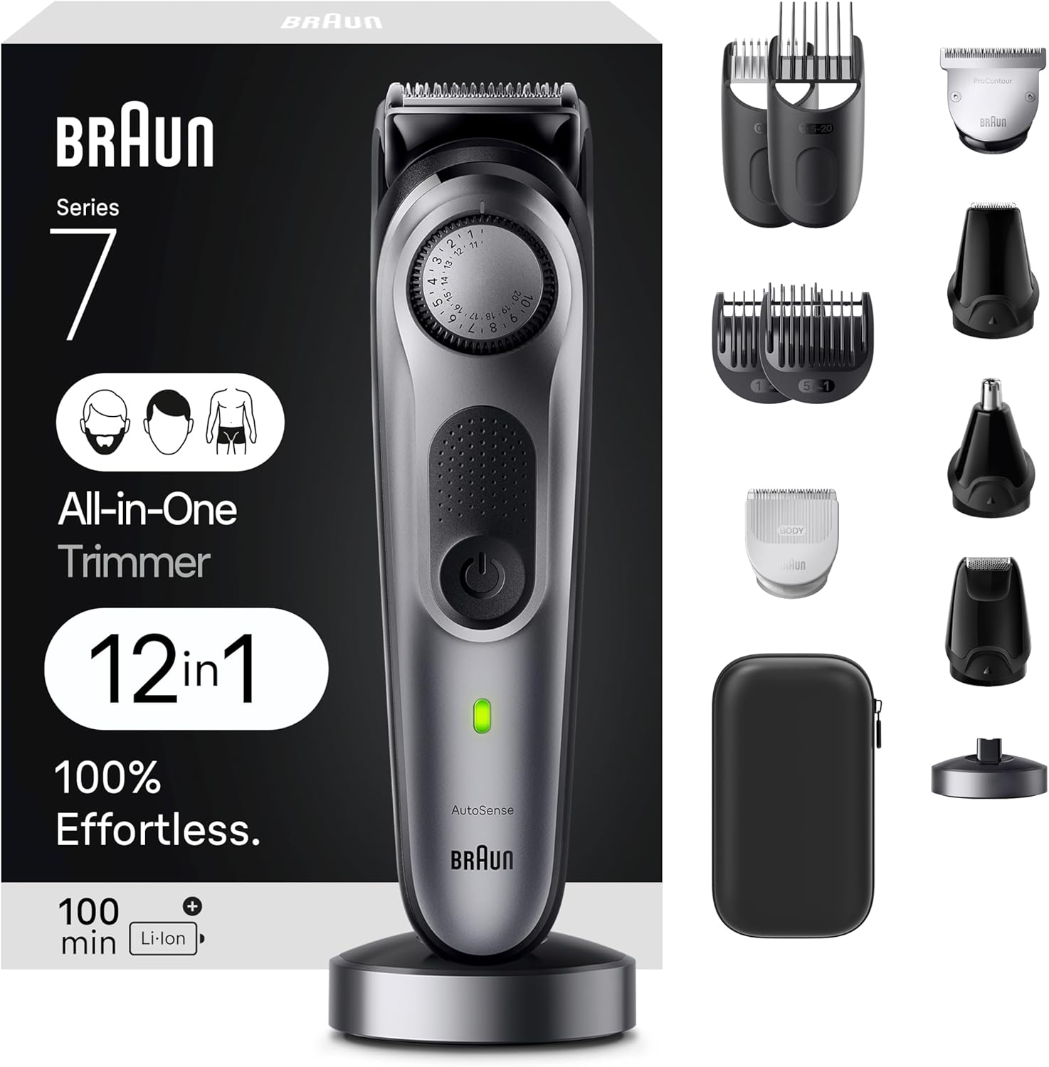 Braun All-in-One Men's Shaving Kit Series 7 7440, 12-in-1 Beard, Face, Nose, Ear Trimmer, Hair Clippers, Body Groomer and Manscaping + Travel Case + Charging Stand, Holiday Gifts for Men GreenCir