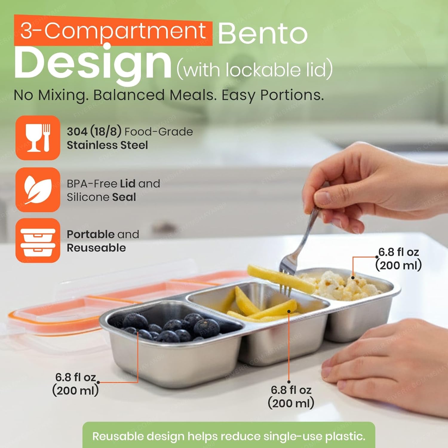 Stainless Steel Bento Box Snack Containers – 3-Compartment Leakproof Lunch Box, Reusable Metal Food Storage for Kids & Adults, School, Travel, Camping, Gift Set - Image 3