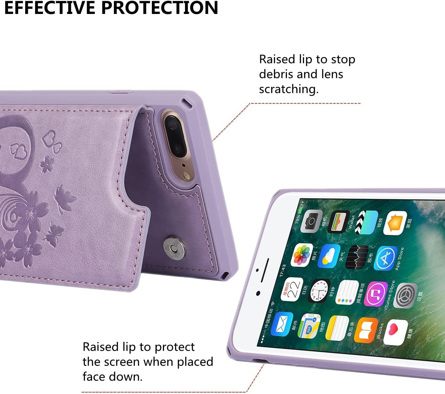 iCoverCase Compatible with iPhone 8 Plus/7 Plus Wallet Phone Case with Card Holder for Women, RFID Blocking Embossed PU Leather Wrist Strap Case (Heart Purple) - Image 4