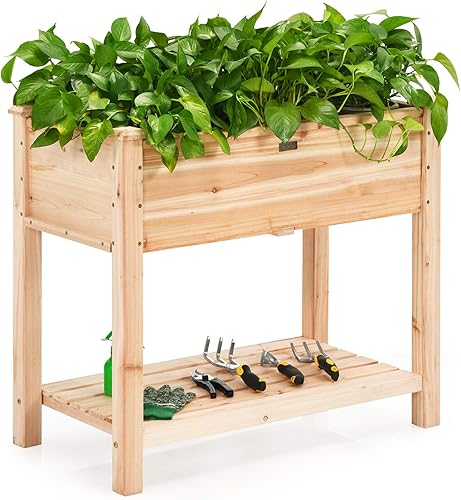 Giantex Cama de jardín elevada, jardinera de madera elevada, kit de cama de jardín de pie con patas y estante de almacenamiento para hierbas de