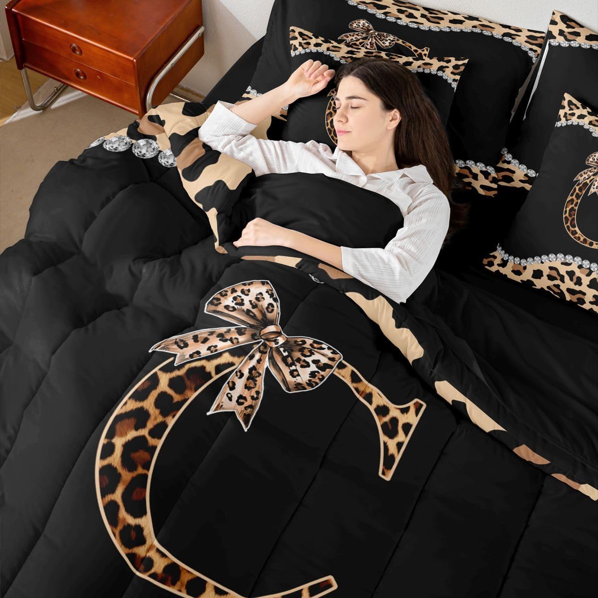 7 Pieces Letter Initial C Comforter Set,Leopard Print Kids Bedding Set Queen Size,African Cheetah Fashion Bowknot Comforter for Boys Girls Kids Super Soft Fade Resistant Microfiber Bedding