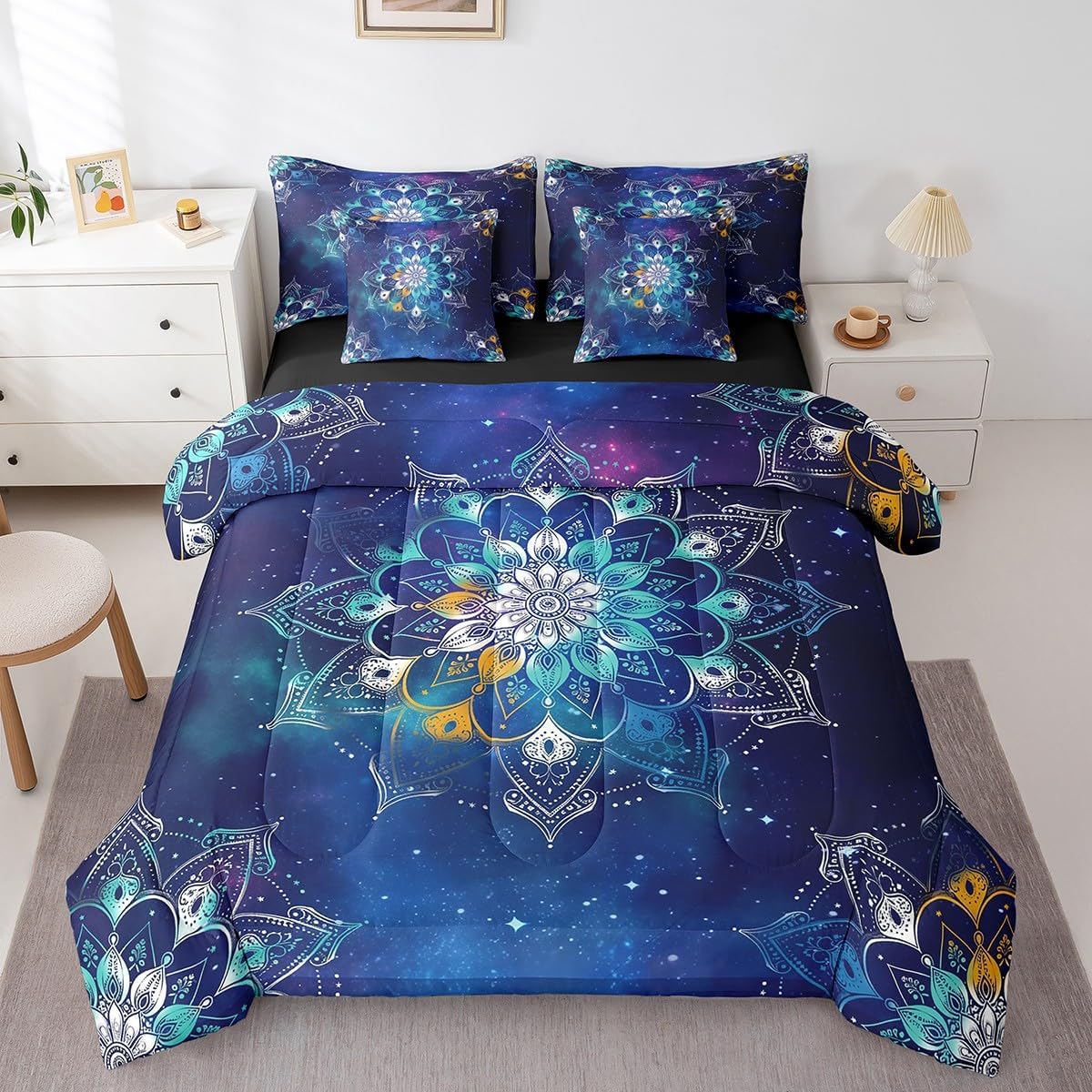 Erosebridal Exotic Flowers Bedding Queen Size 7pcs, Vintage Bohemian Style Lightweight Kids Teens Comforter Set, Boho Galaxy Printed Bedding Comforter Sets Bed in a Bag, Blue Green Chic Bed Sheets Set