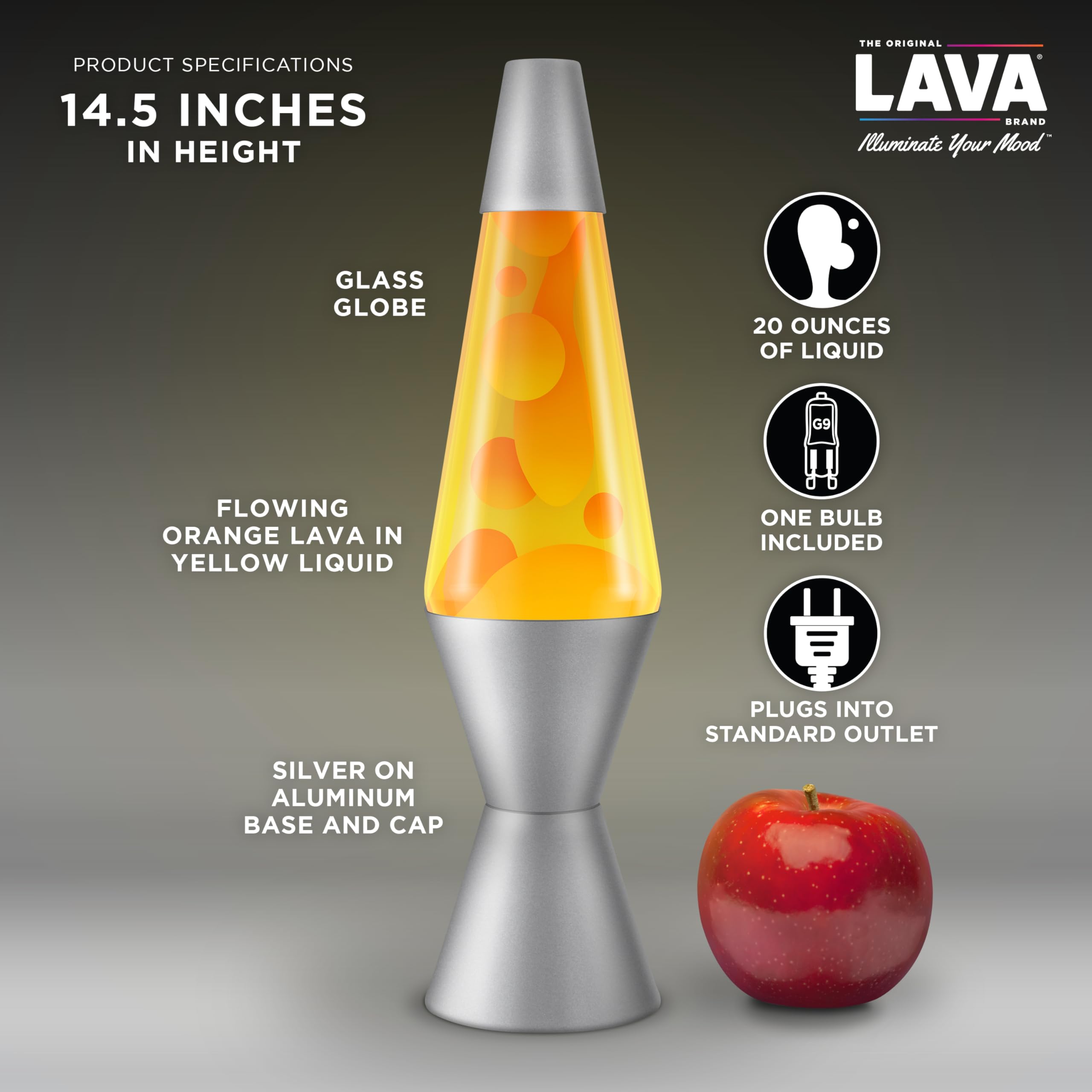 Lava Lampada - 14.5" - Lampada originale Motion - Liquido arancione e giallo con base argento - Art. #2129