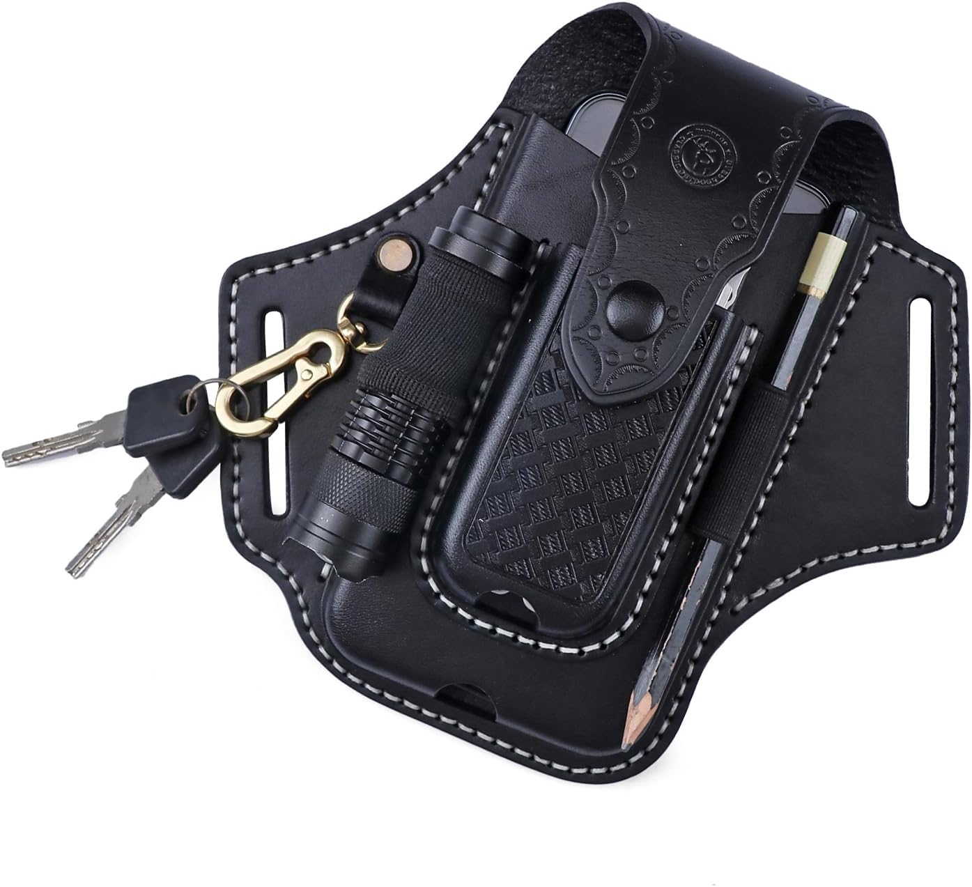 Tourbon Leather Cell Phone Holster Pouch Case Tool Multitool Sheath Flashlight Slot Holder & Keychain Clip with Magnetic Closure for Belt (Black)