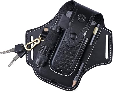 Leather Cell Phone Holster Case Multitool Sheath Flashlight Belt Pen Holder | All-in-One EDC Organizer, Bottom Charging Port, Magnetic Closure,Full-Grain Leather,Gift for Camper,Retro Style Rigid Case