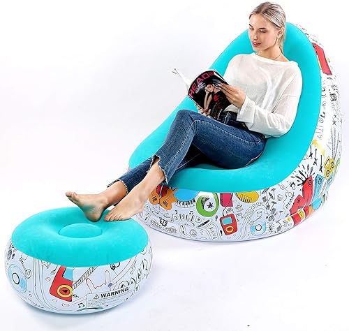 Miniatura 5 de Sofá perezoso, sofá inflable, silla de descanso inflable familiar, sofá flocado con patrón de graffiti, con cojín inflable para pies, adecuado para