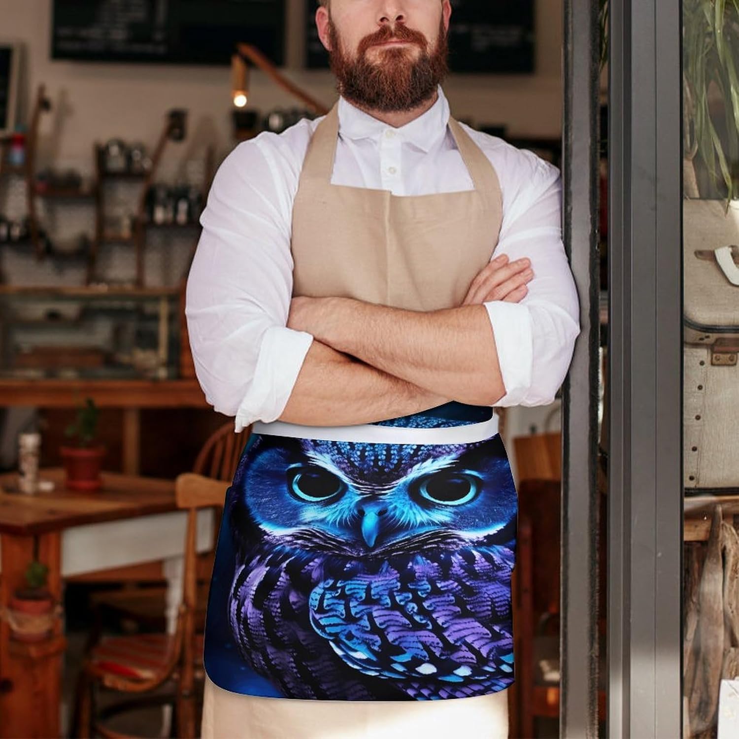 Blue Owl Server Aprons for Women And Men Waterproof Half Apron with 3 Pockets Deluxe Oxford Fabric Waist Aprons Adjustable Chef Apron for Kitchen Bar Home