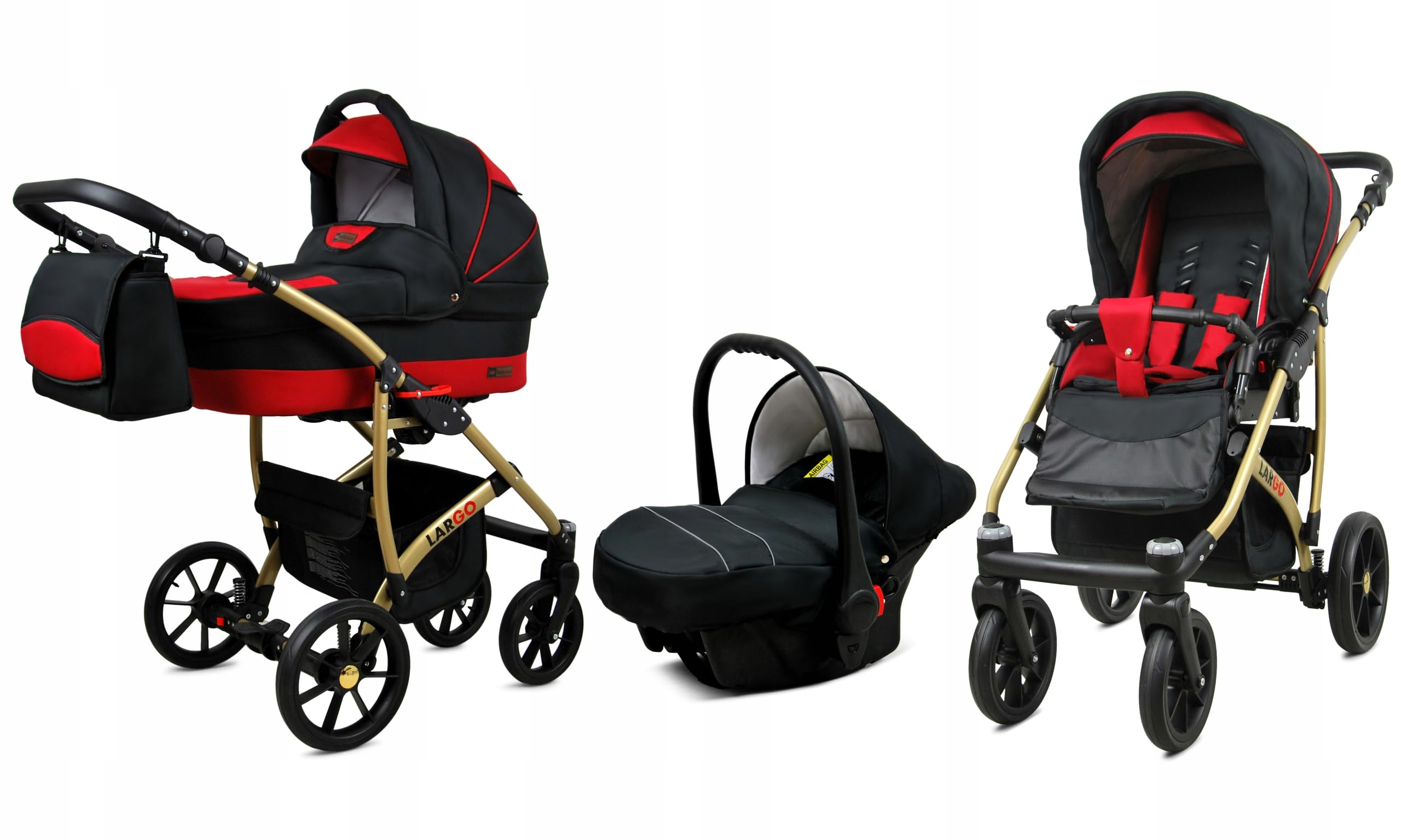 BabyLux Zestaw wózków dziecięcych 3 w 1 – Largo – w zestawie wanienka dla niemowląt, fotelik sportowy, fotelik samochodowy – zestaw wózków dziecięcych z torbą do przewijania, osłoną przeciwdeszczową