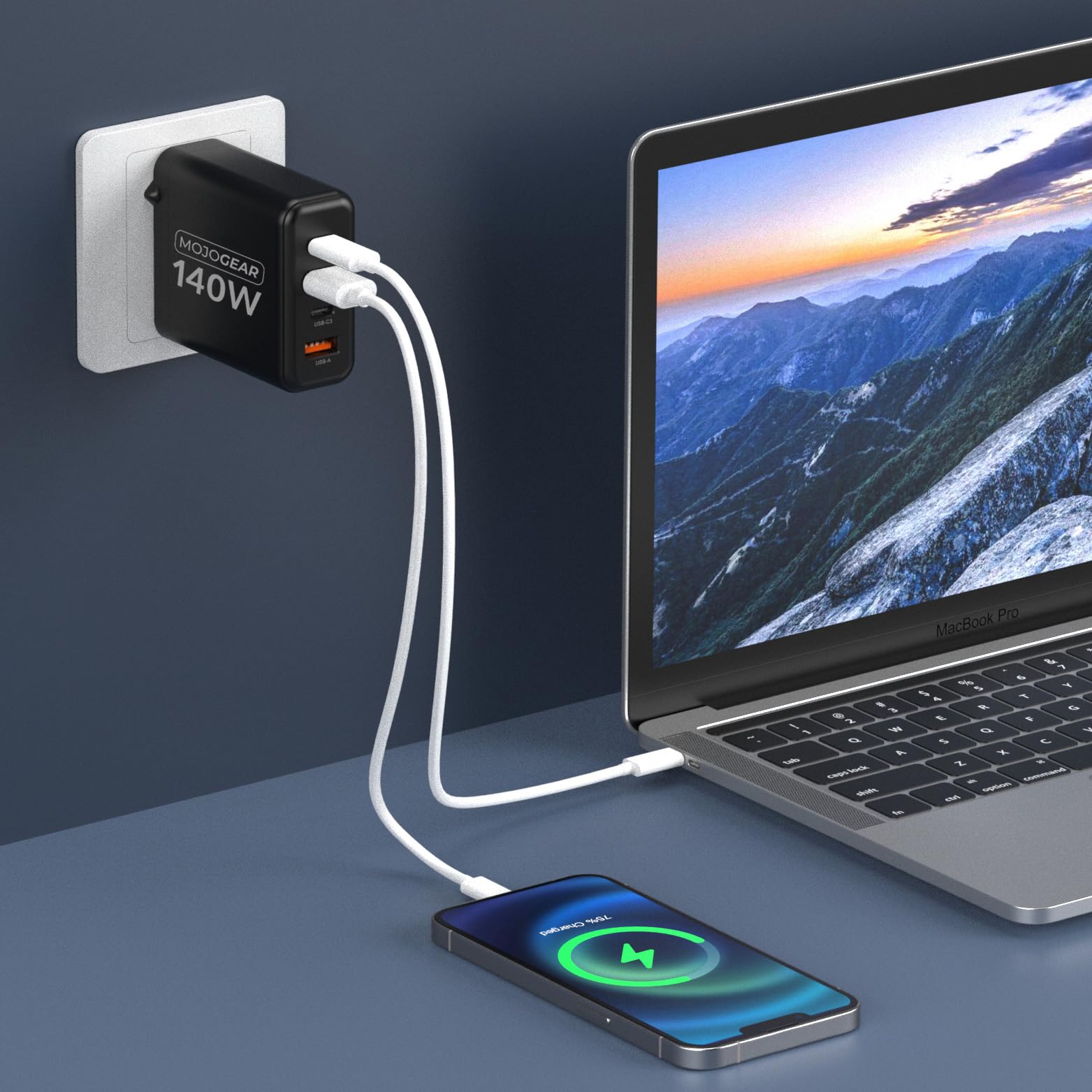 MOJOGEAR Charge+ Caricabatterie da 140 Watt con 4 Porte USB/USB-C — Caricabatterie con USB Power Delivery — Caricabatterie da 140 W per Laptop, Smartphone, Tablet, tra Gli Altri