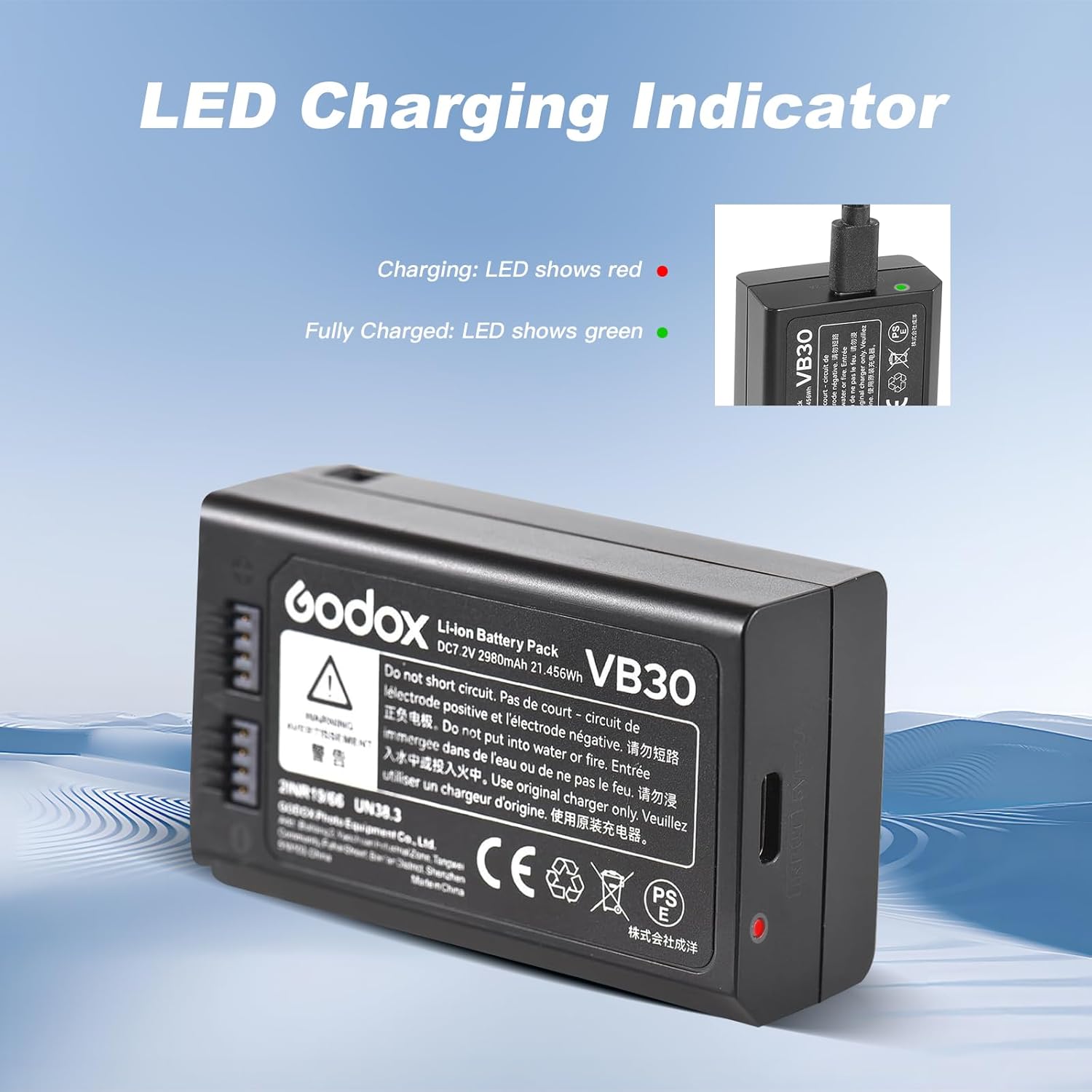 GODOX V1Pro & V100 Original Battery – VB30 7.2V/2980mAh/21.45Wh Li-ion Batterypack, Simultaneously Charge and Power for V1, V1PRO, V100, AD100PRO, V860III, V850Ⅲ, MF-R76 Flash (Replaces VB26A VB26B)