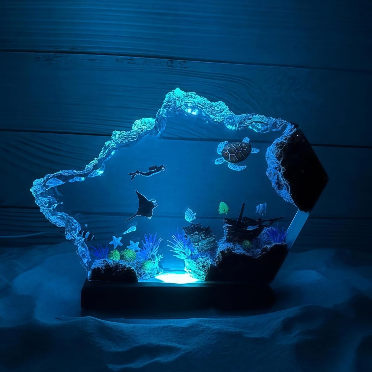 Ocean Creative Epoxy Resin Wood Multicolor Light Lamp, Handmade Wave Shape Deep Aquatic Ocean Lamp Sea Diver Cave Diving Led Night Light Decor Christmas Birthday Gift for Men Dad (Scuba Diver, S)