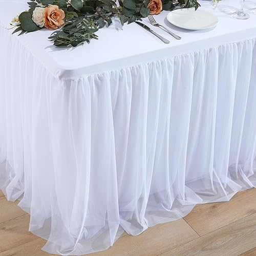 Miniatura 3 de Manteles blancos para mesas rectangulares de 6 pies, falda de mesa de tul con volantes blancos de una pieza con fundas de mesa de elastano