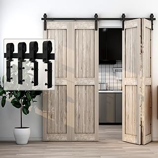 60"/5FT Bi-Folding Sliding Barn Door Hardware Kit for 4 Doors, Bi Fold Barn Door Hardware Fit Door Opening Width 56",Smoothly and Quietly,Easy to Install,No Door Panel