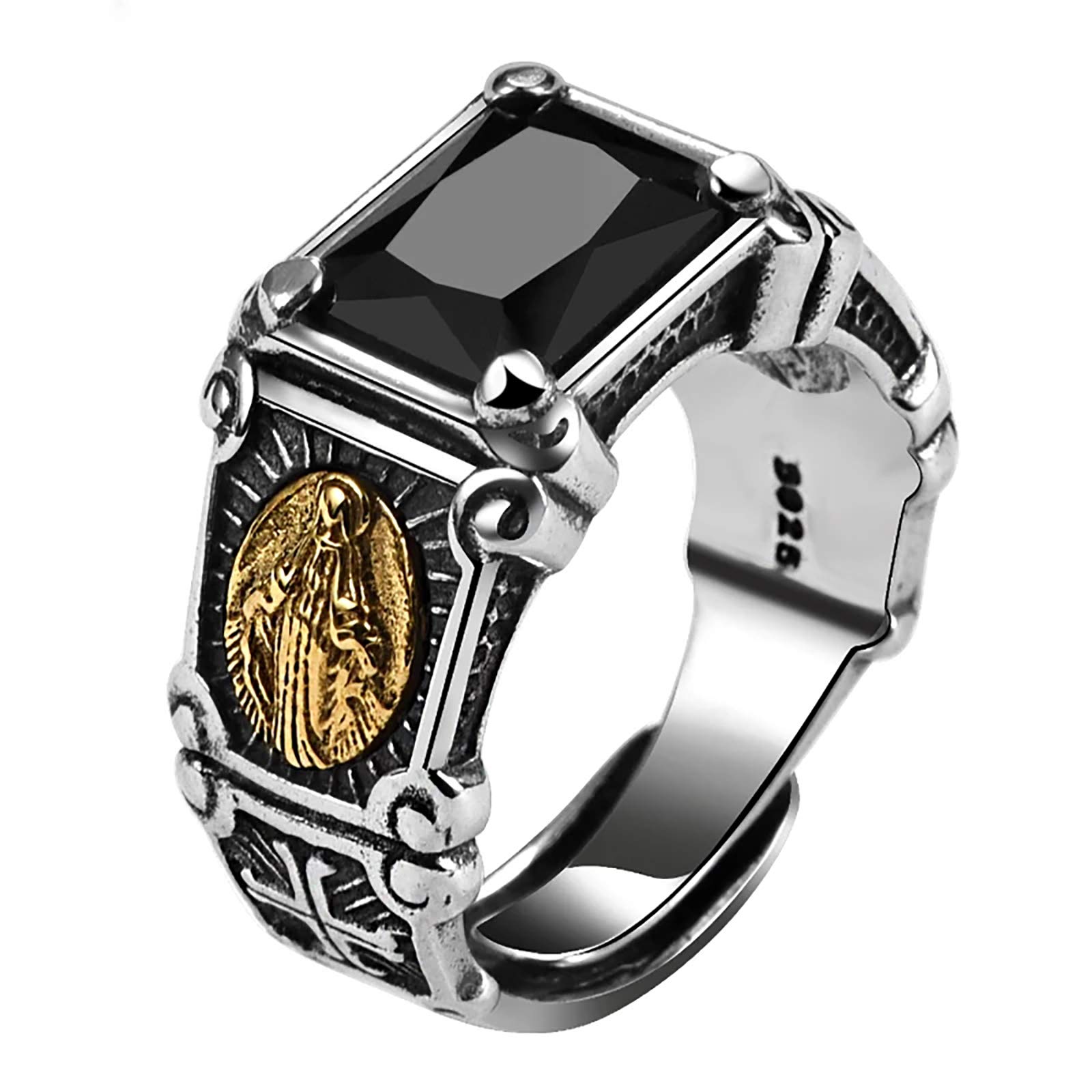 HQLCX Anillo, Vintage Genuino 925 Plata Esterlina Anillo de Piedra Negra Hombre Mujer Virgen María Anillos Zirconia Cúbico Onyx Joyería, Tamaño Abierto