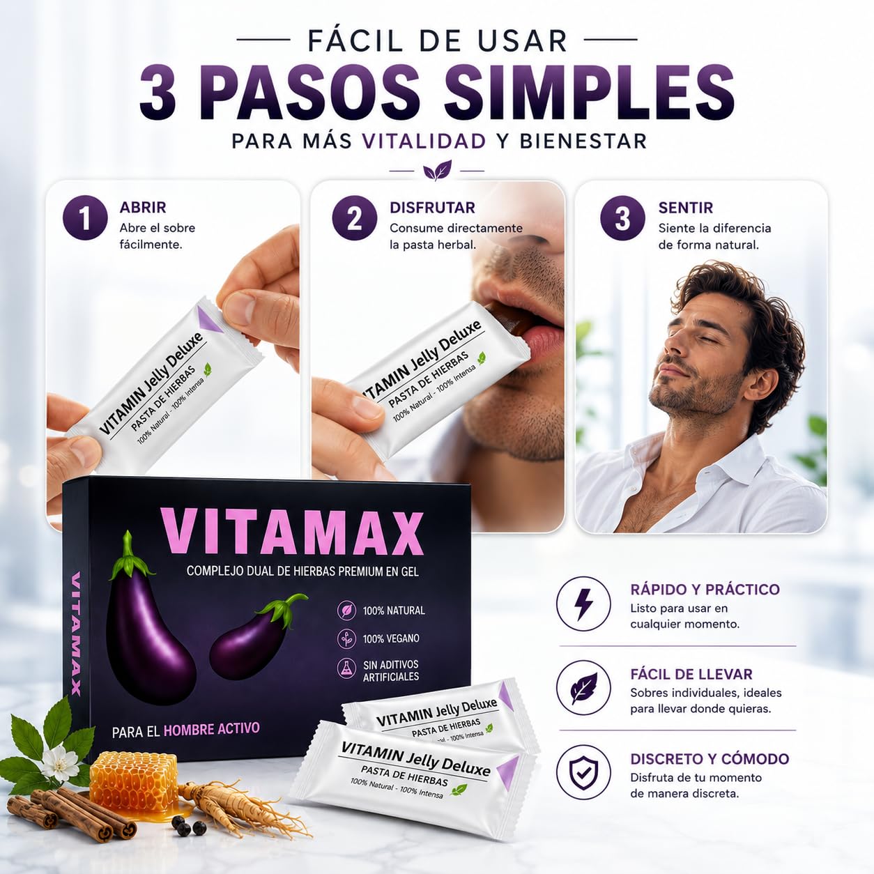 Vitamax Extra Fuerte – Gelée Royale FORTE – Potenciador Natural de Testosterona para Deseo, Placer y Resistencia – Alta Concentración – 7 Sobres Testo-Extreme para Hombres