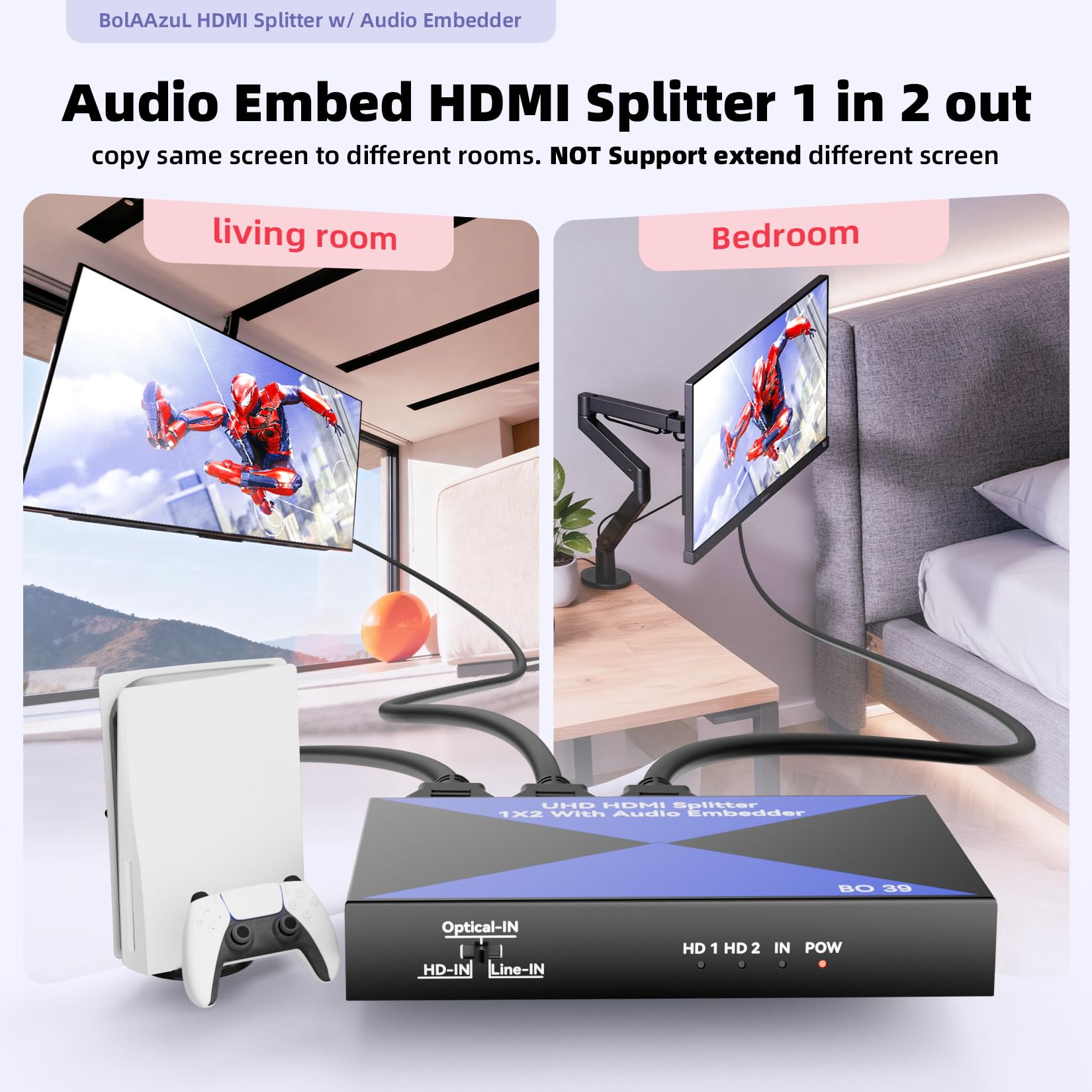 Sdoppiatore HDMI 4K 1 in 2 out con audio embedder, HDMI 2.0, inseritore audio digitale analogico (ottico/3,5 mm), HDCP 2.2, 2 display mostrano lo stesso contenuto contemporaneamente per PS4/5, lettore