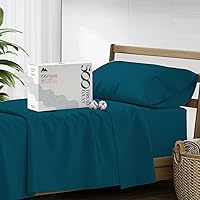 Vista 23 de Mayfair Linen - Juego de sábanas 100% algodón, tamaño Queen, 500 hilos, 4 piezas (azul claro), suave, refrescante, sábana de algodón satinado