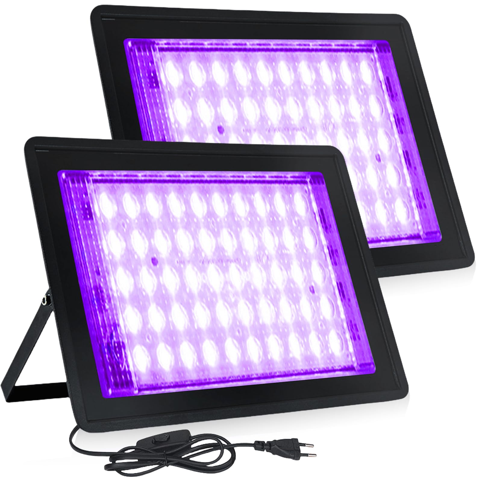 Set di 2 faretti LED a luce nera 50 W IP66 impermeabili con 50 perle di lampada a luce nera UV con presa per discoteca, festa luminosa, decorazione di Halloween, illuminazione di scena, accessori per