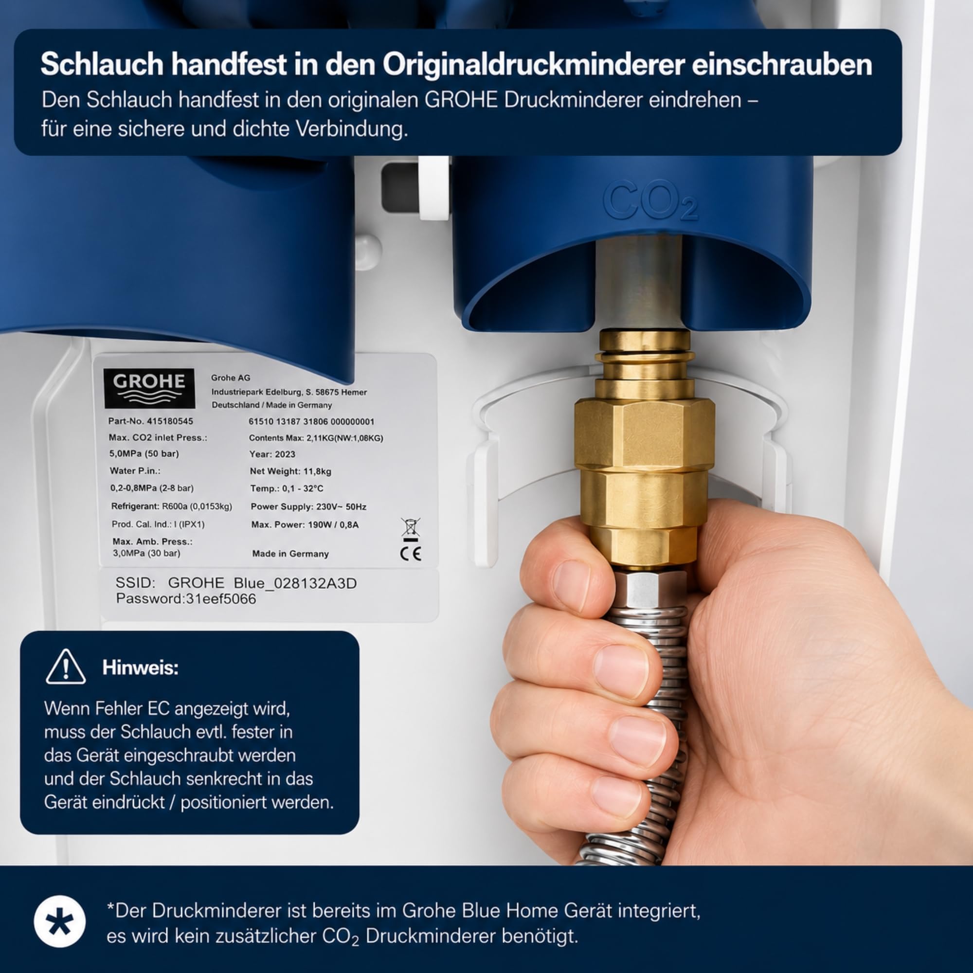 Neues Wasser Group Wąż wysokociśnieniowy Premium CO2 do Grohe Blue Home & SodaStream Crystal | kompatybilny z dużymi butelkami CO2 wielokrotnego użytku 2 kg | oszczędza do 80% kosztów CO2 |