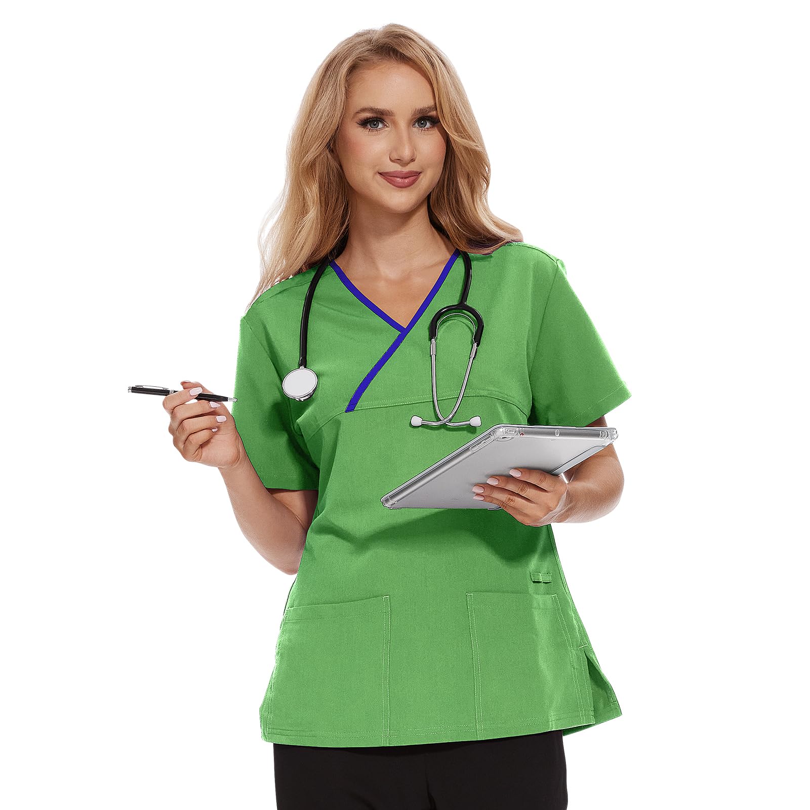 JONATHAN UNIFORM Women Stretch Beauty Tunic Top, Colorful Trims Y Neck Workwear for Spa, Salon, Dental, Carer, Beauty(Green, L)