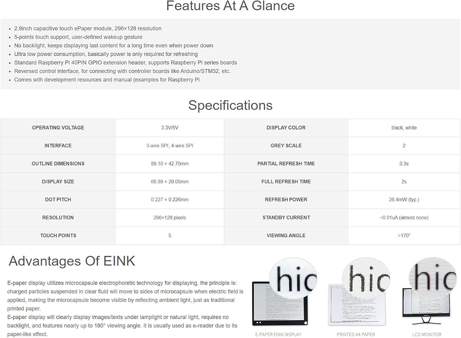 Waveshare 2.9inch Touch E-Paper E-Ink Display HAT Compatible with Raspberry Pi4B/3B+/3B/2B/B+/A+/Zero/Zero W/WH/Zero 2W 296×128 Pixels 5-Points Capacitive Touch SPI Interface Support Partial Refresh